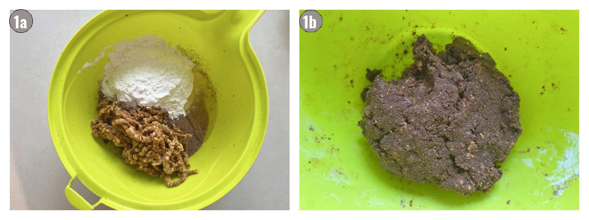 Two photos side by side of a bowl holding ingredients, separate and combined.