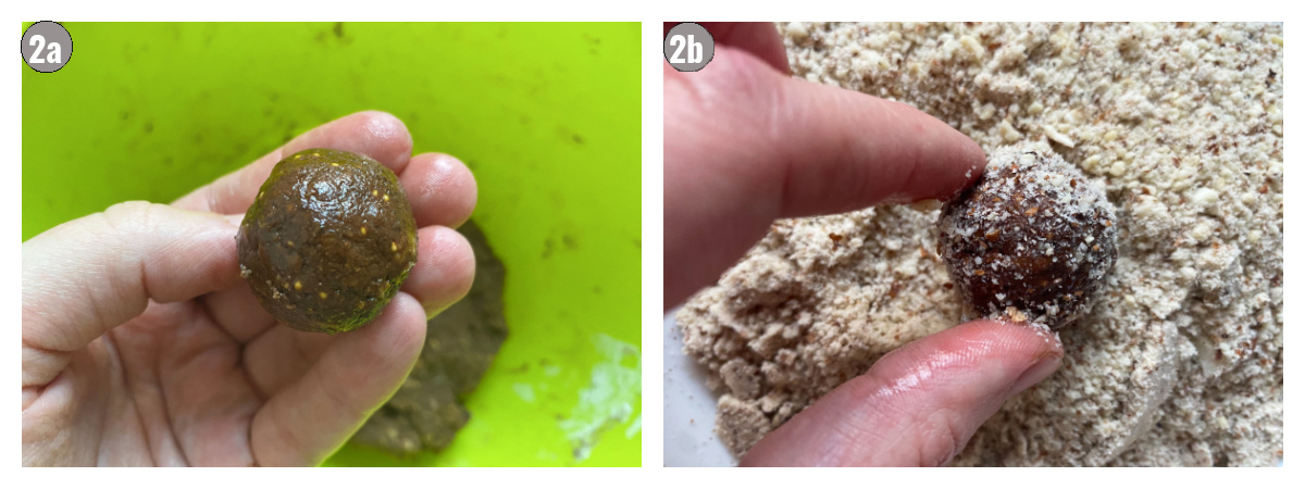 Two photos, side by side, of a hand holding a ball and ball rolled in almond.