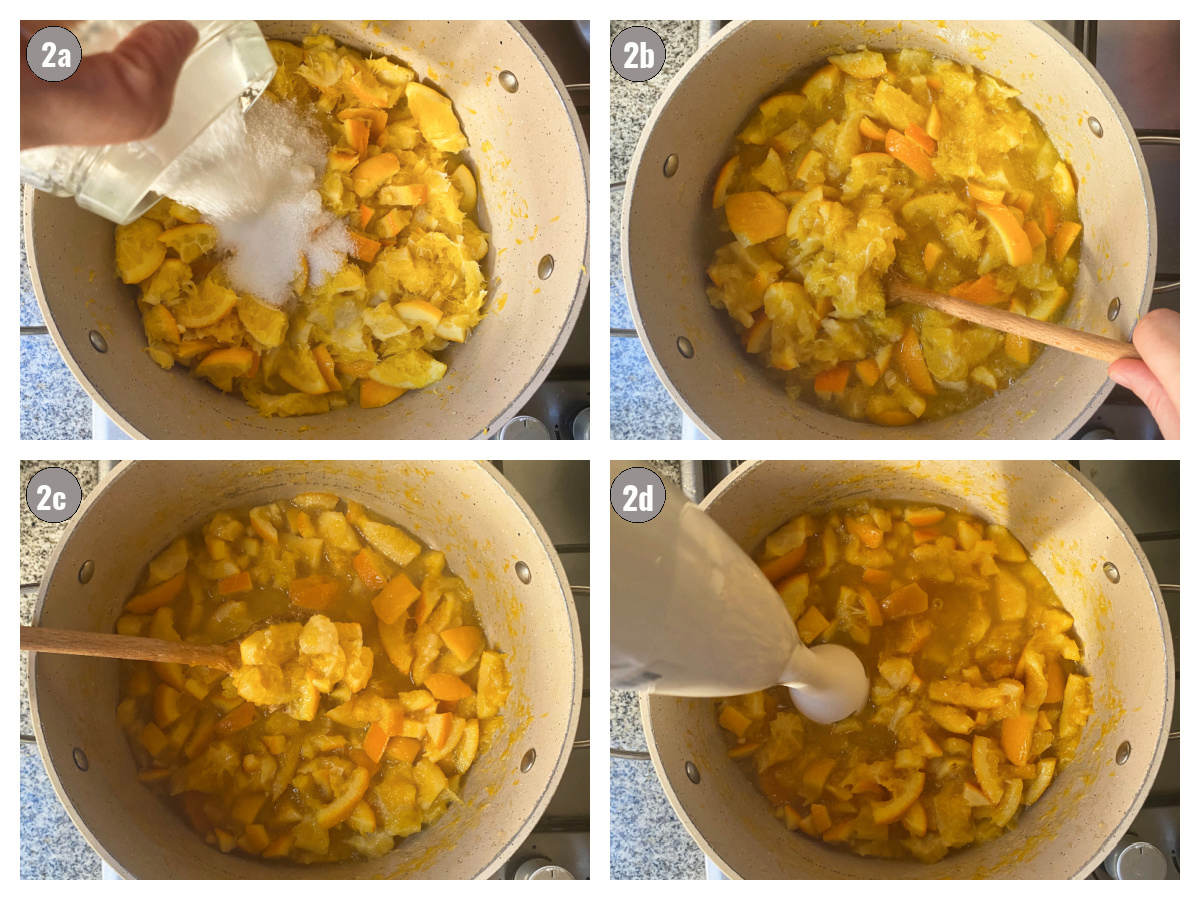 Four photographs, two by two, of oranges in a beige pot. In one photograph, sugar is added. In two it's stirred. In the last photograph, stick blender is used. 