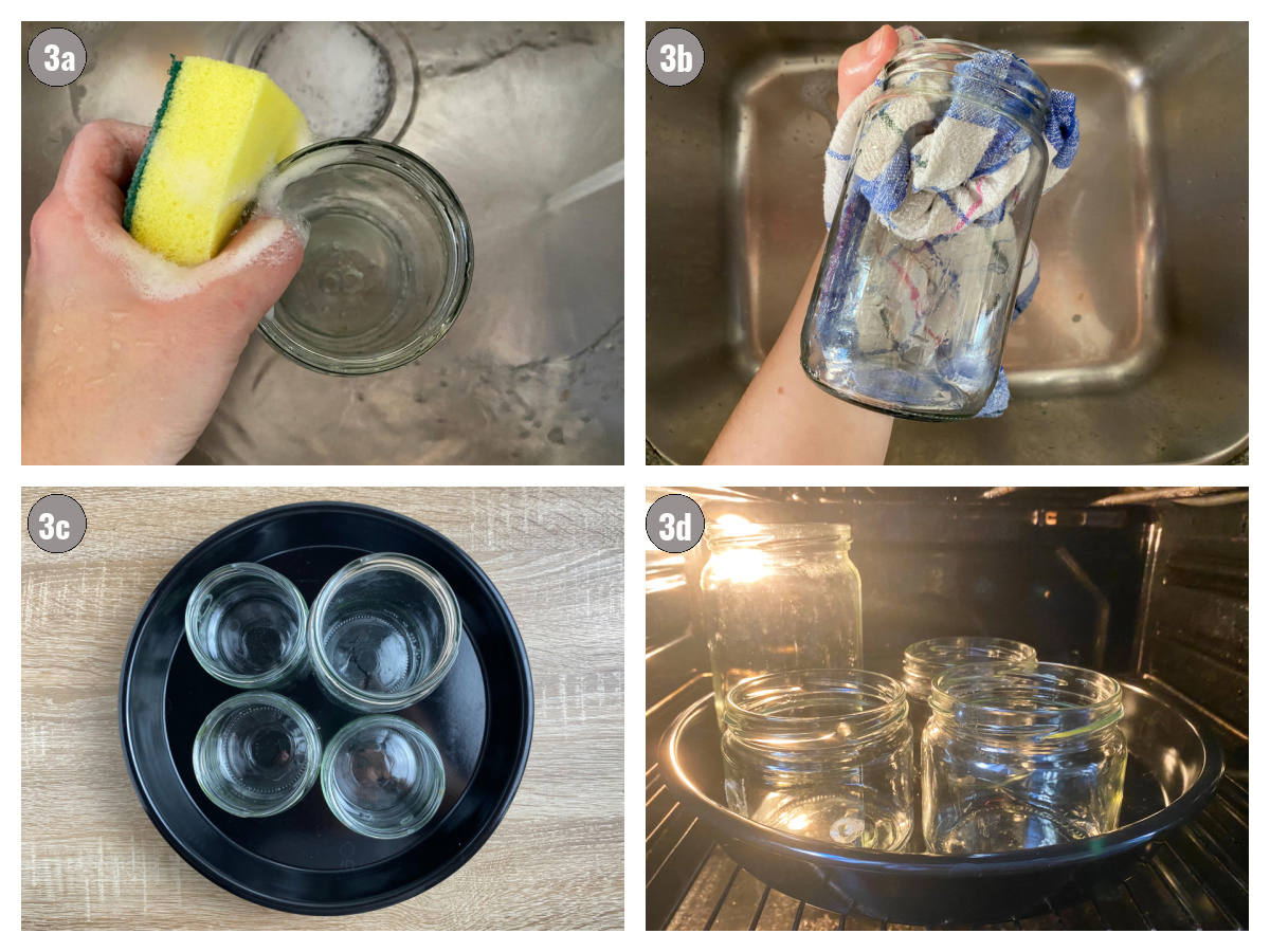 Four photographs, two by two. One photograph with a hand washing the jar, another of a hand drying the jar, the third of jars in a pan, and the fourth photograph of jars warmed up in the oven. 