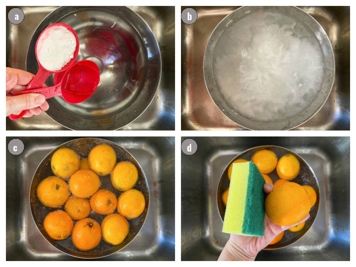 Four photographs, two by two, of a silver bowl filled with water and oranges. 