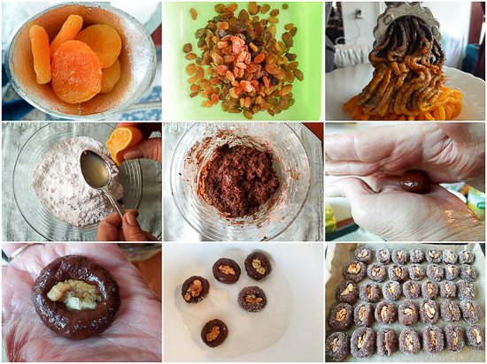 Apricot raisin walnut cookie boats: a simple cookie with a complicated name. Apricots and raisins ground in a meat grinder, combined with sugar and chocolate, then topped off with a walnut.