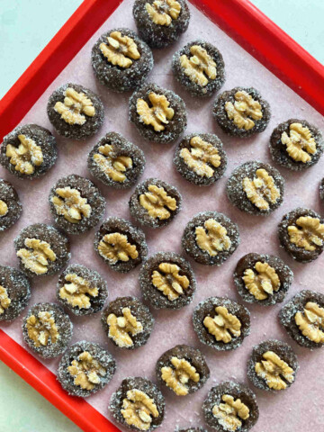 Dried cookies on a tray, above photo.