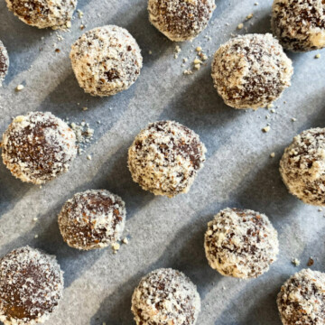 Overhead photo of fig balls on a pan.