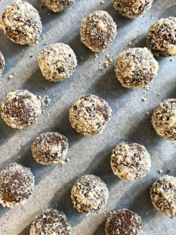 Overhead photo of fig balls on a pan.