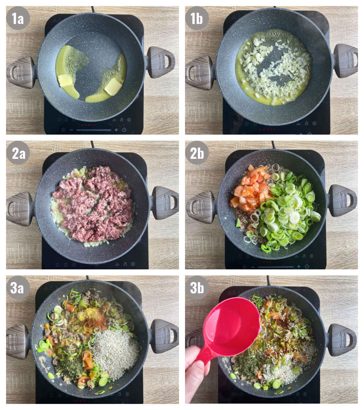 Six photos, two by three, of black pan on an induction stove with different risotto ingredients in it: butter, onion and garlic, meat, veggies with leeks, rice and seasonings, and water.
