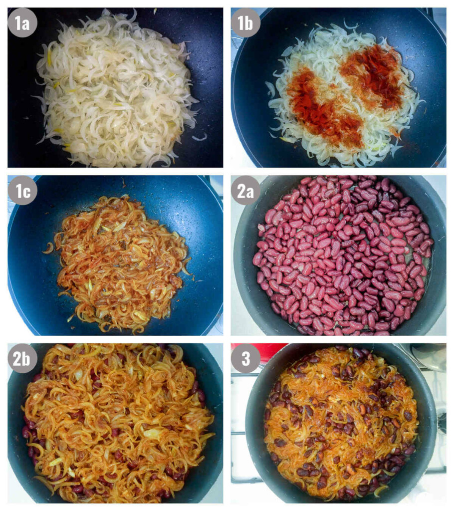 Six photos, two by two, of  onion, onion and seasonings, mixed, beans, beans onion and seasonings, and baked everything in a black pot and then pan. 