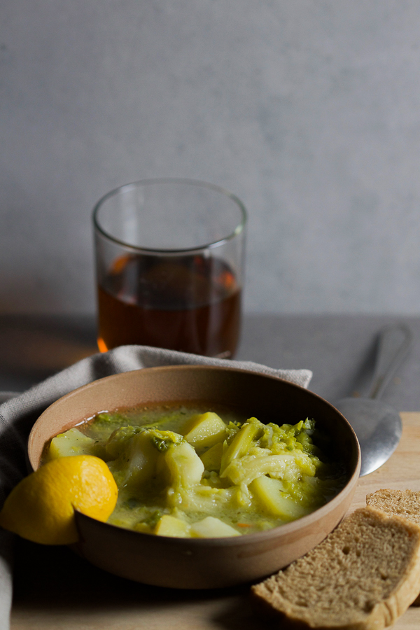 Garlic, potatoes and kale are all that's necessary to make this invigorating stew. What we have here is a vegetarian dish to keep you full and energized until the next day's breakfast.