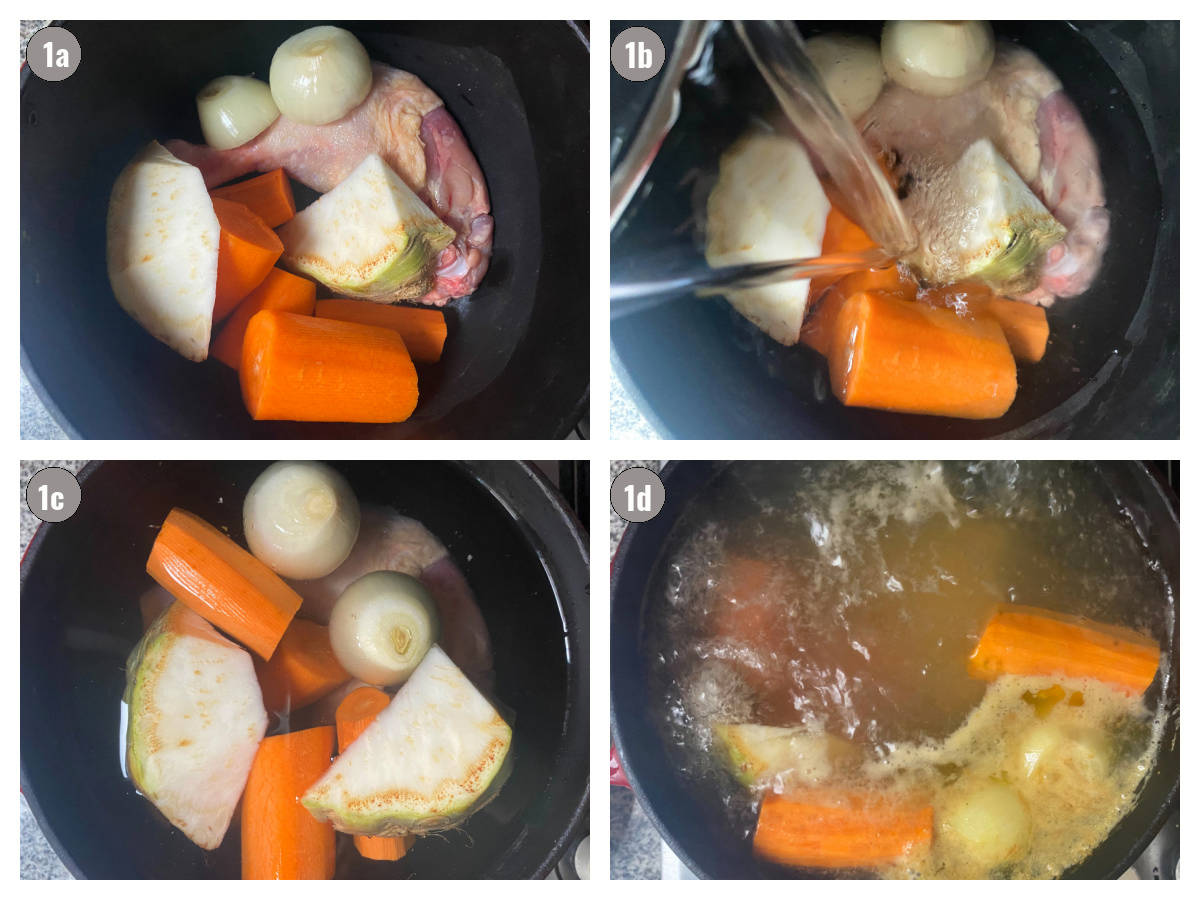 Four photographs, 2 on top, 2 on bottom, of ingredients in a pot (onion, carrots, water, celery, chicken). 