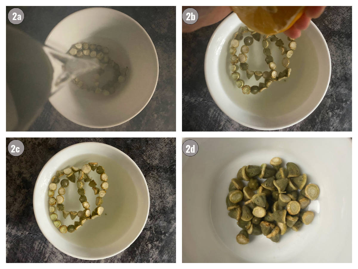 Four photographs, two by two, of a white bowl with okra in it, water and lemon added, and in the last photographs okra is strained.