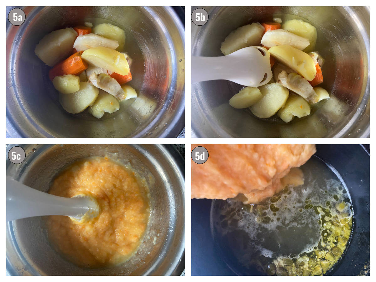 Four photographs, two by two, of ingredients (potatoes, celery and carrots) in a silver bowl, blended with a stick blender in the third photo and poured back into the broth in the fourth photo. 