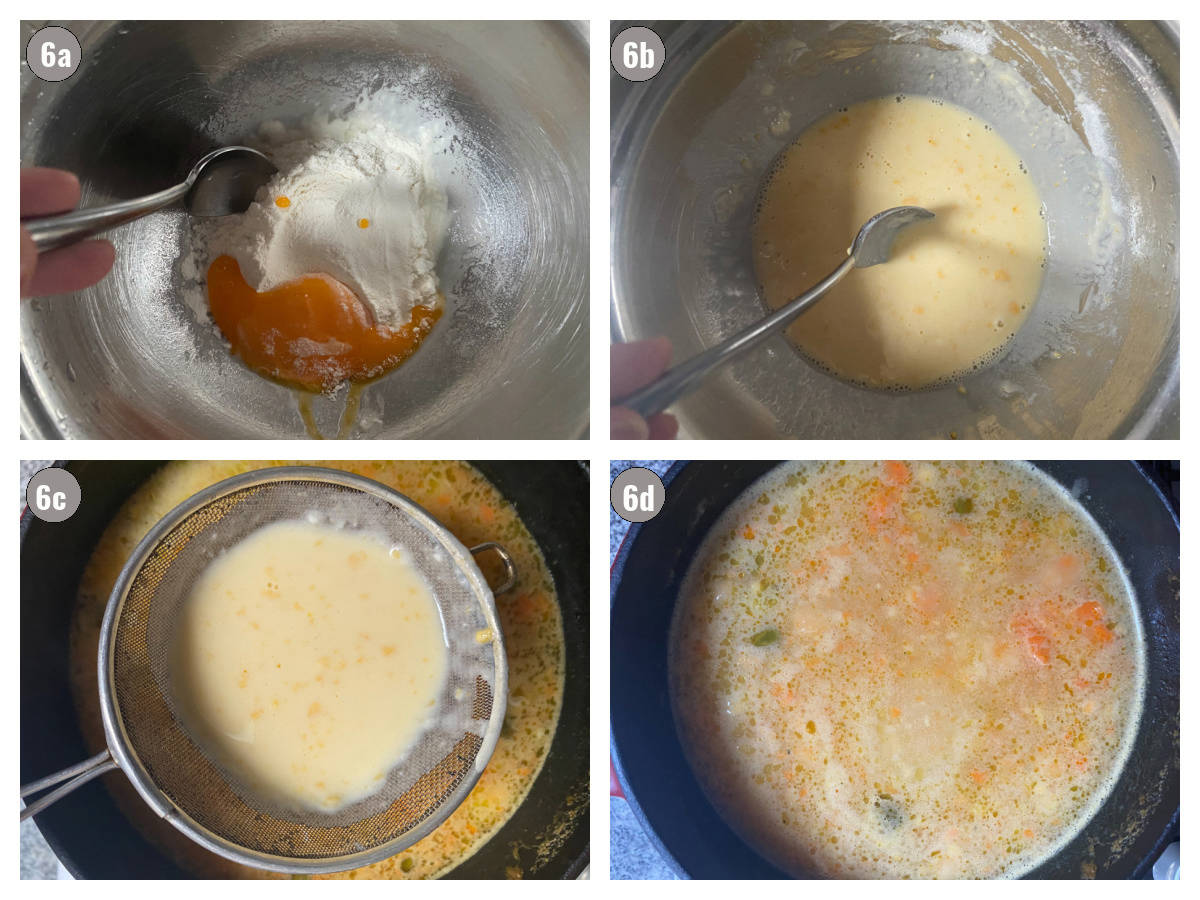 Four photographs, two by two, of egg, flour and broth being mixed until smooth (photos 1 and 2), and poured through a strainer into the soup in the third photo, and the fourth photo is of the soup. 