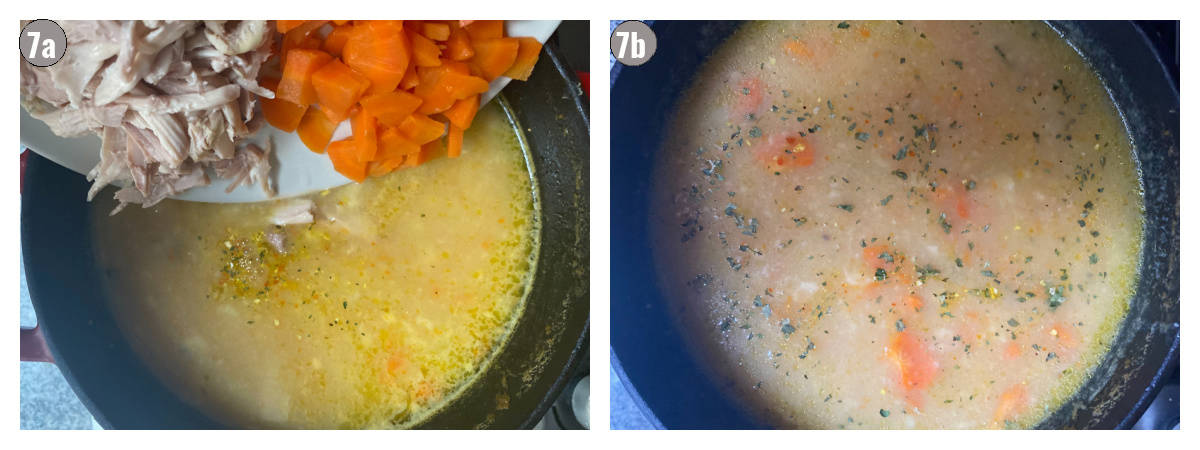 Two photographs side by side, on first one carrot and chicken pieces are put into the broth, and the second photo is of the finished soup.