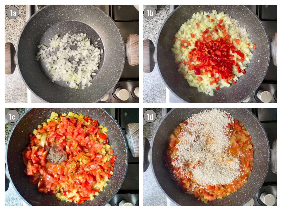 Four photographs, two by two, of a pot filled with ingredients: onions, peppers, tomatoes and rice. 