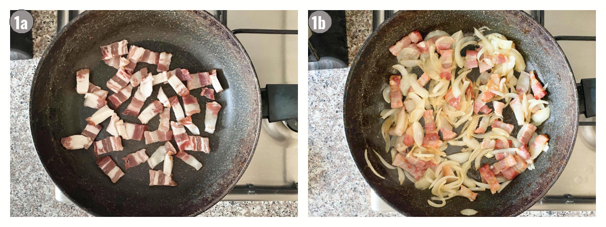 Two photographs side by side, of a pan filled with bacon and onion. 