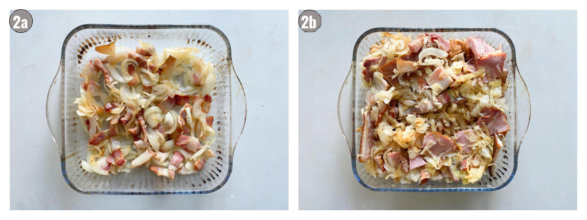 Two photos, side by side, of ingredients (sauerkraut and meat) in a square glass bakeware on gray background.