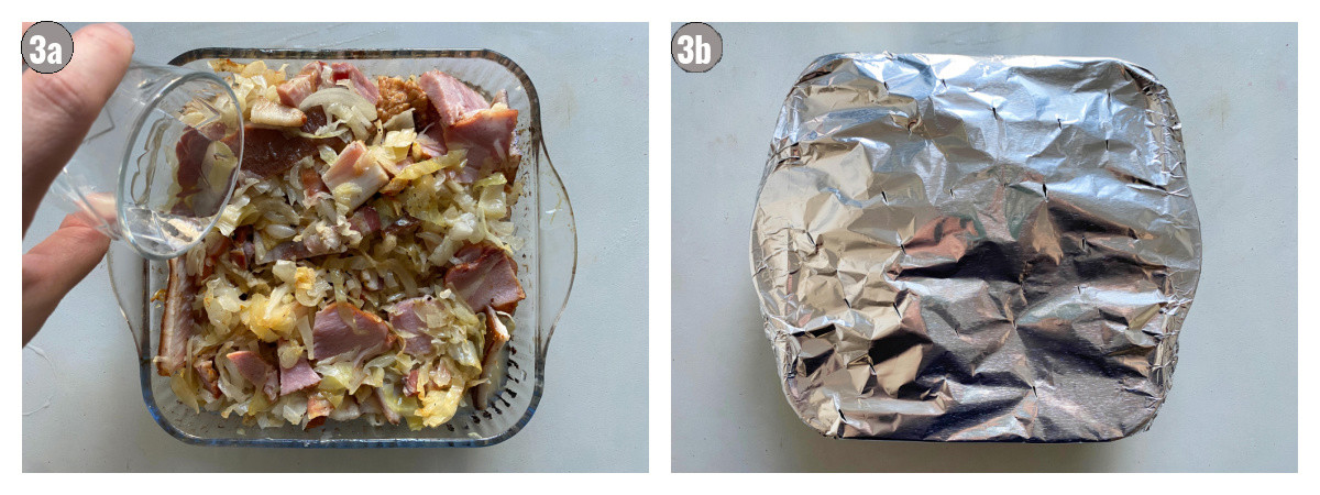 Two photographs, side by side, of baking pan with ingredients. In the first one a hand is pouring water into the pan, in another the pan is covered with foil. 
