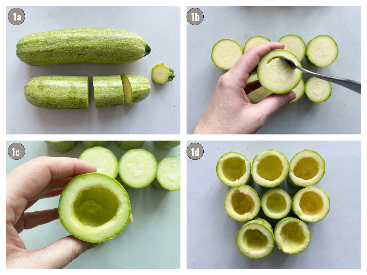 Four photographs (two by two) of a zucchini being cut (photograph one) and cored (photographs two and three) to make zucchini cups (photograph four) in a gray background. 
