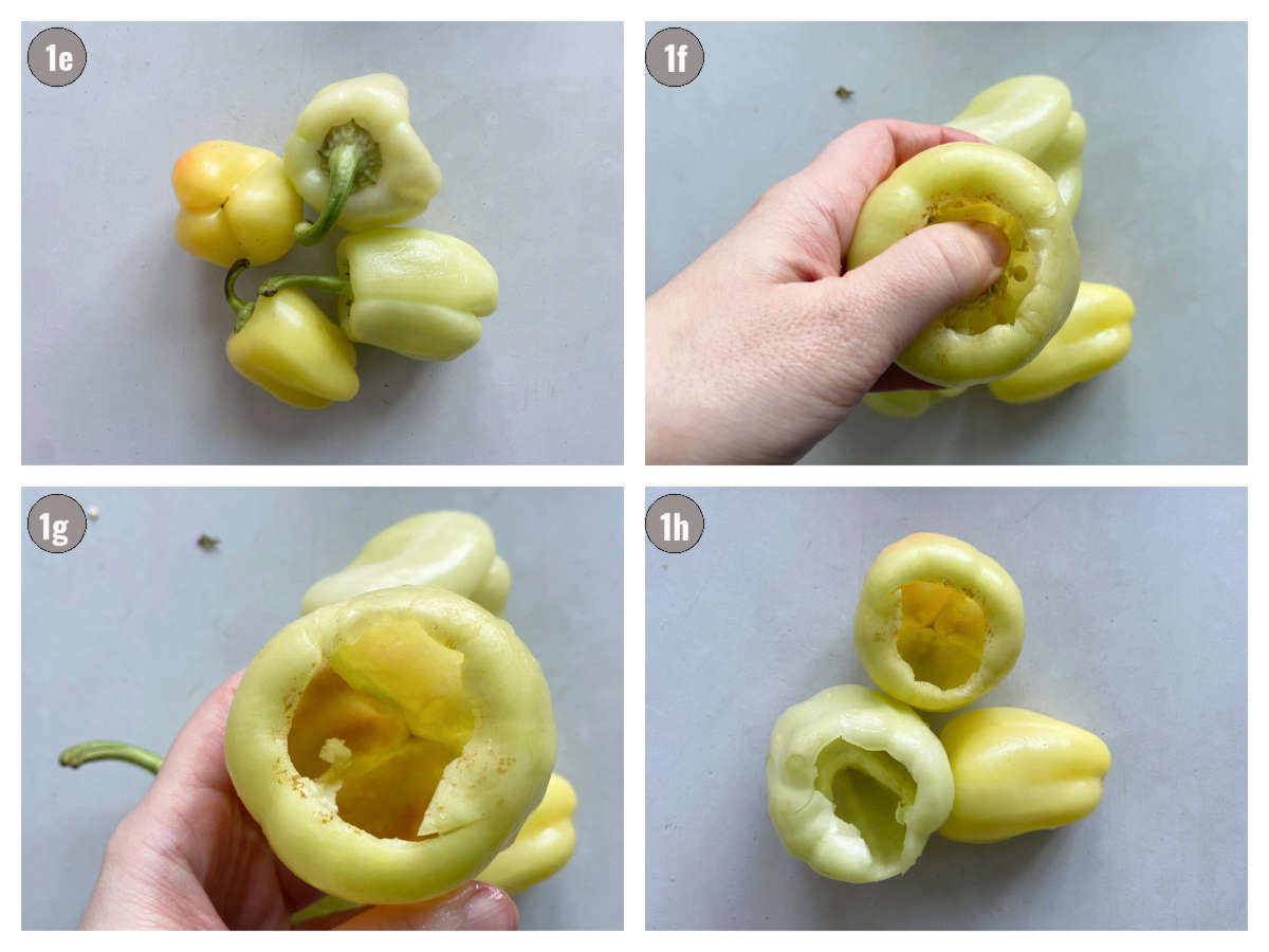 Four photographs (two by two) of peppers. First photo is of four peppers, second is of a hand pushing the stem in on one pepper, the third photographs shows a pepper without a stem, and number four photograph shows all of them cored and emptied. 