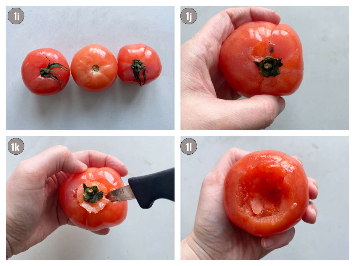 Four photographs (two by two) of tomatoes. First photo shows three tomatoes, second a hand holding a tomato, the third shows coring tomato with the knife, and fourth photographs is of hand holding cored tomato. 