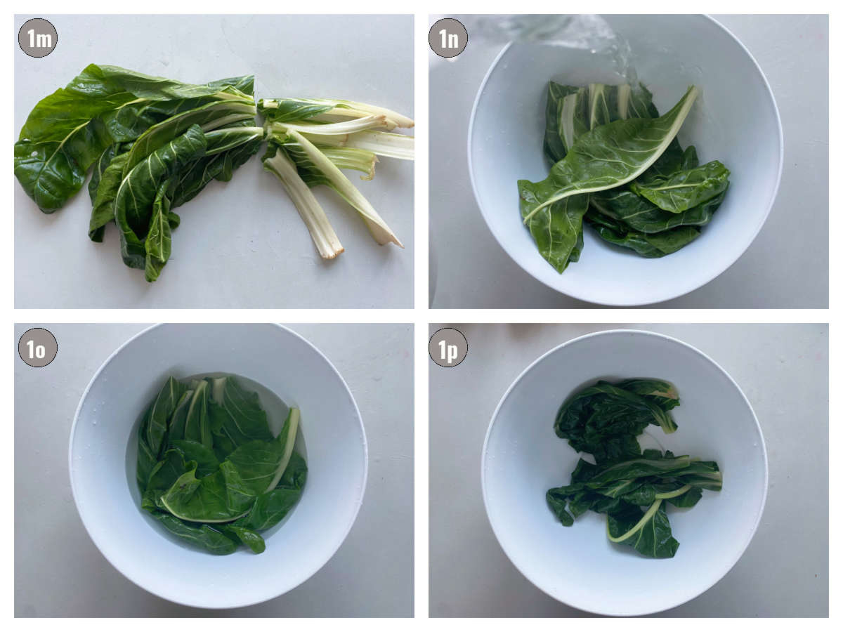 Four photographs, two by two. First photograph has collard greens on a table; second photograph shows collard greens in a bowl; third photograph shows collard greens in a bowl covered with hot water; fourth photo shows collard greens in a bowl after the water is strained. 