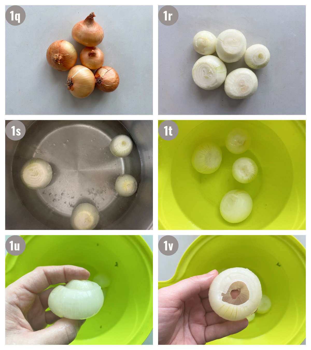 Six photographs of onions: first photograph is of five onions on gray background; second photo is of those onions peeled; third photo is of them dipped in boiling water; fourth is in cold water; fifth is of the onion in a hand; sixth is of the onion without the insides. 