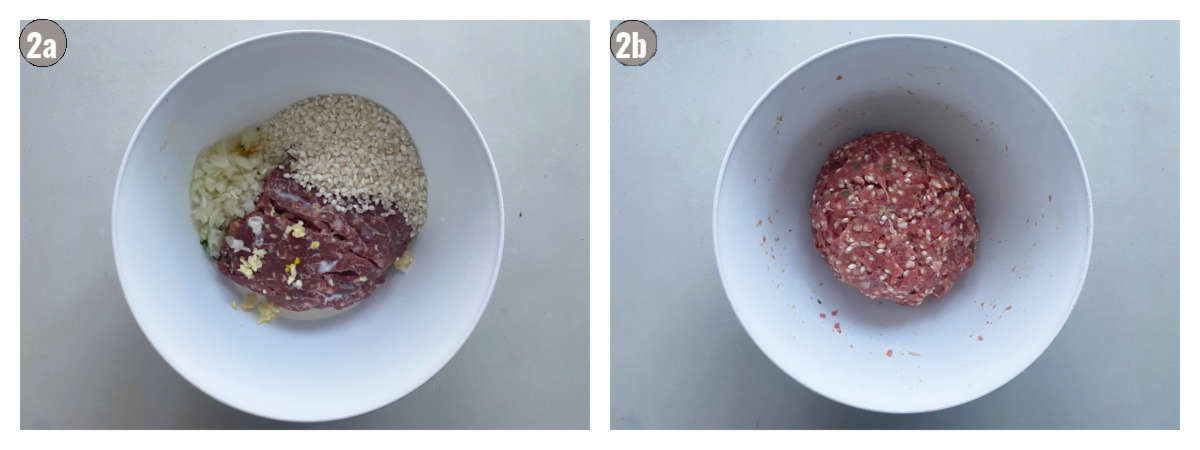 Two photographs, side by side, with a bowl and ingredients (rice, milk, seasonings, meat), left with ingredients separate, right with ingredients mixed.  