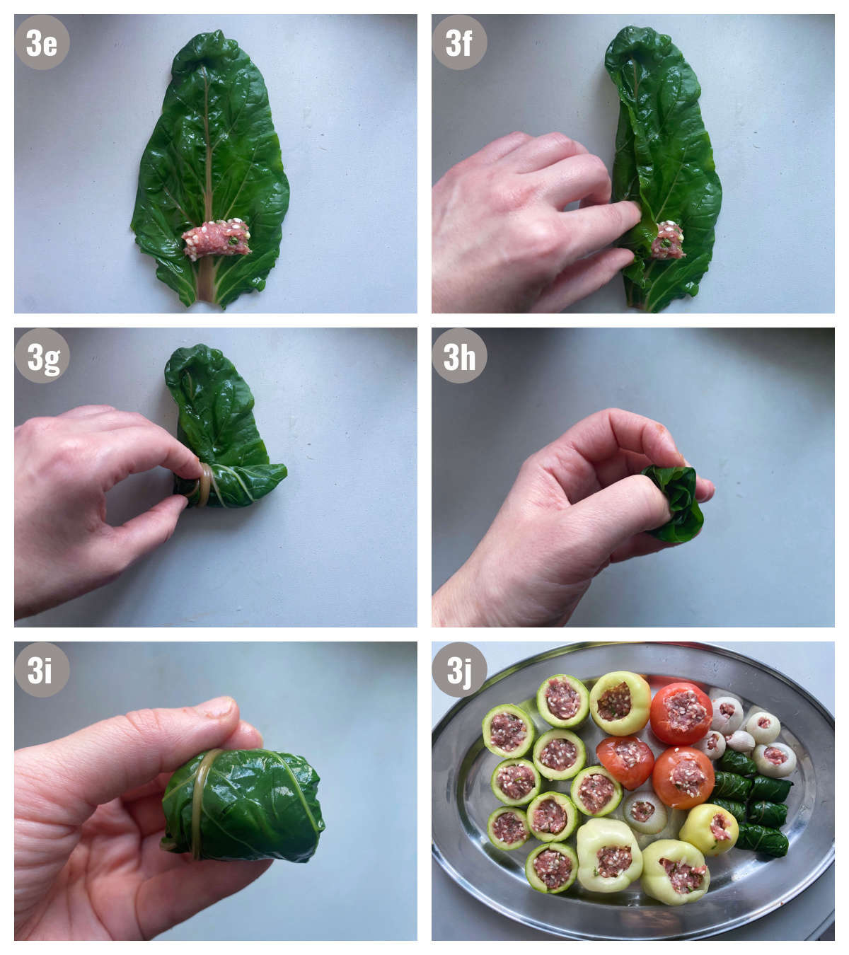 Six photographs, two by three, of collard green leaf being stuffed, first photo is with meat, second is with left side lifted over the meat, third photo is of it being rolled, fourth photograph is of it being closed on one side, on fifth photograph a hand is holding it in air, and sixth photograph shows all vegetables, stuffed, on a big oval tray on a gray background. 