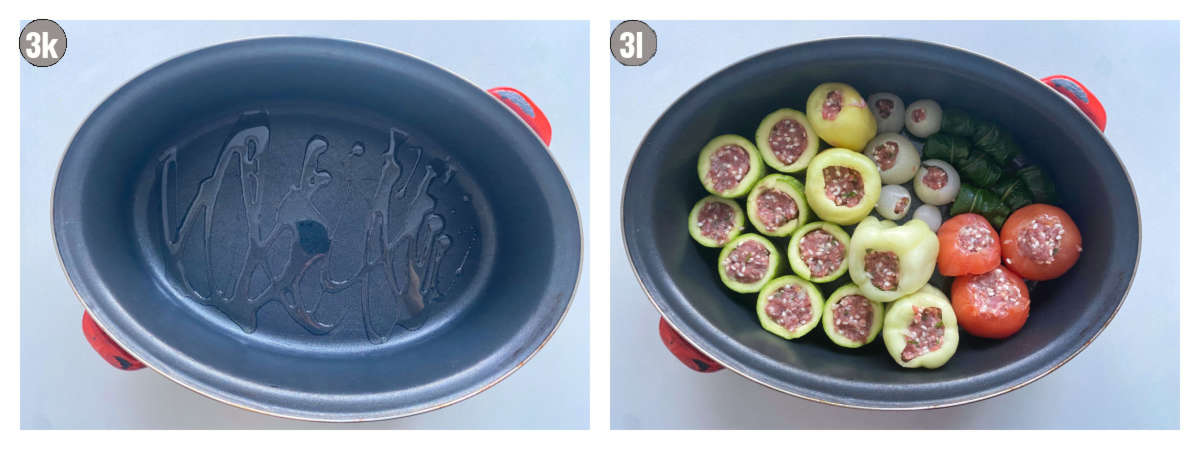 Two photographs, side by side, of an oval baking pan, left is with oil, right is with vegetables inside. 