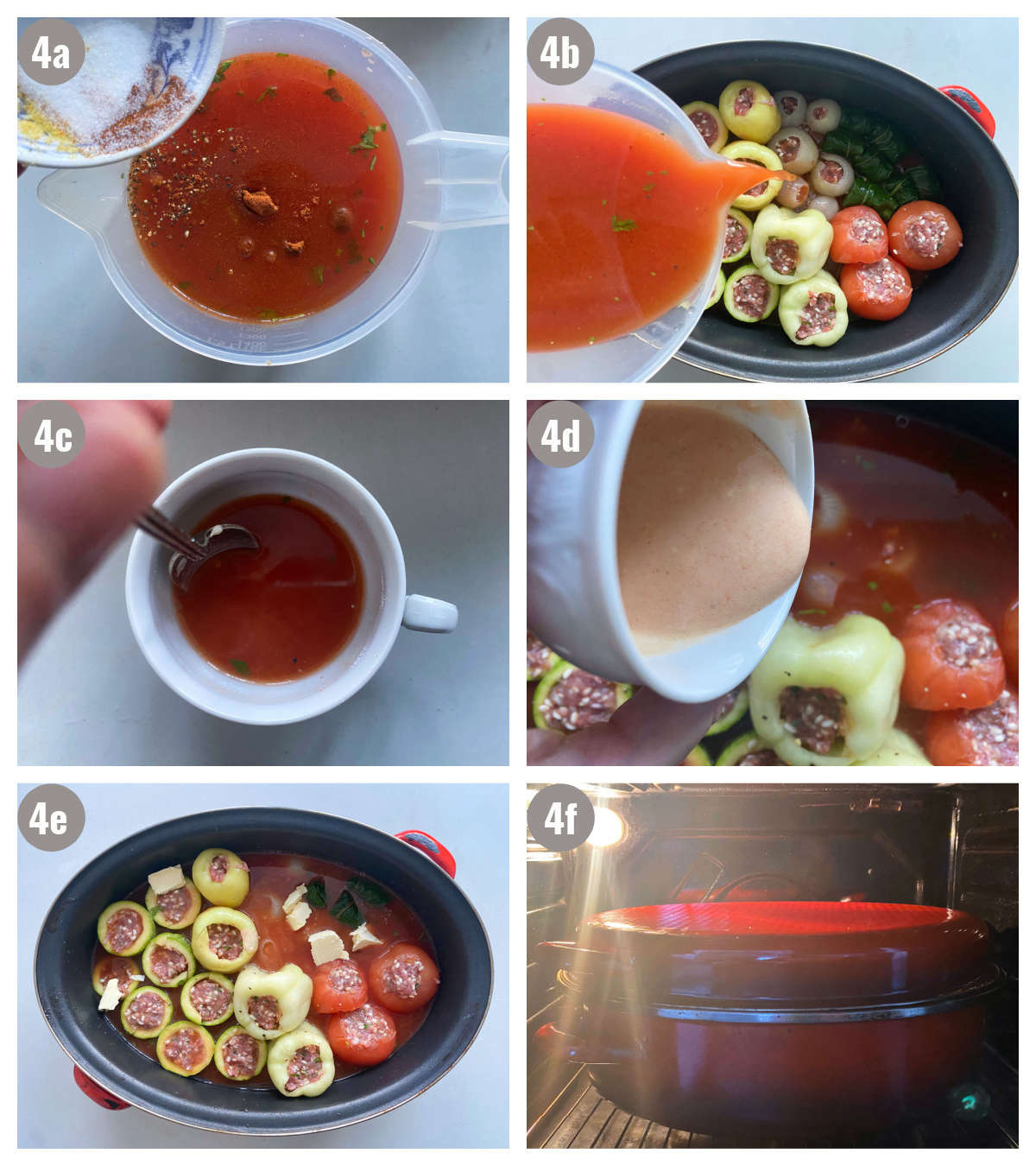 Six photographs, two by two, one is with red sauce in a pitcher with seasonings, second red sauce is being poured over stuffed vegetables, third photograph is of another red sauce mixed with a spoon, fourth photographs  is that second sauce poured over the stuffed veggies, fifth photograph is of stuffed veggies in a pan with sauces, sixth photograph is of everything baked. 