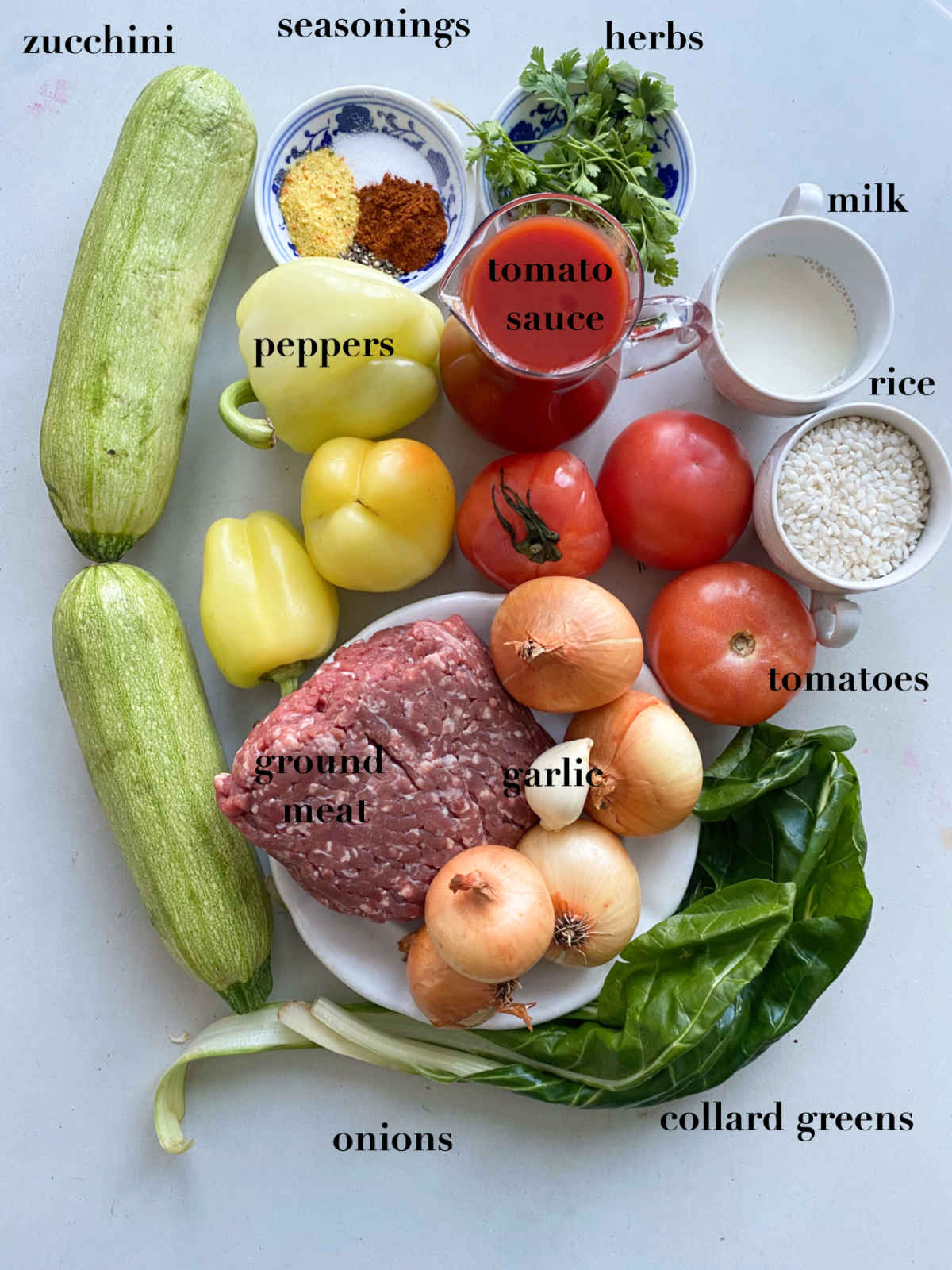 Ingredients (zucchini, seasonings, herbs, milk, rice, tomatoes, peppers, ground beef, onions, garlic and collard greens) on a light gray background.