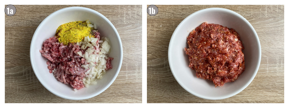 Two photos in one showing preparation of burek filling in bowls.