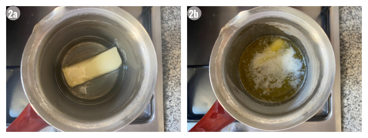 Two photos in one showing preparation of burek topping butter melted in soda water.
