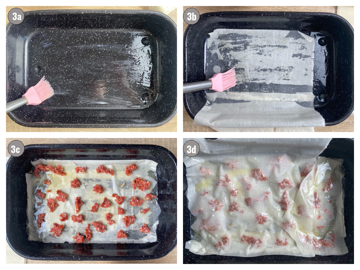 Four photographs in one of a pan greased, then phyllo layered, and finally the filling. 