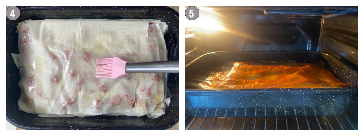 Two photos of burek preparation. 
