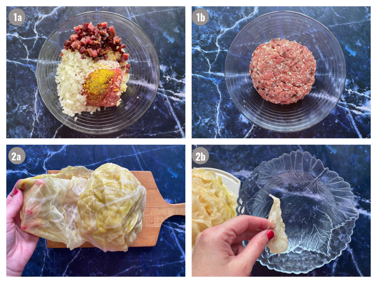 Four photographs of sarma preparation with ingredients and a hand working them. 
