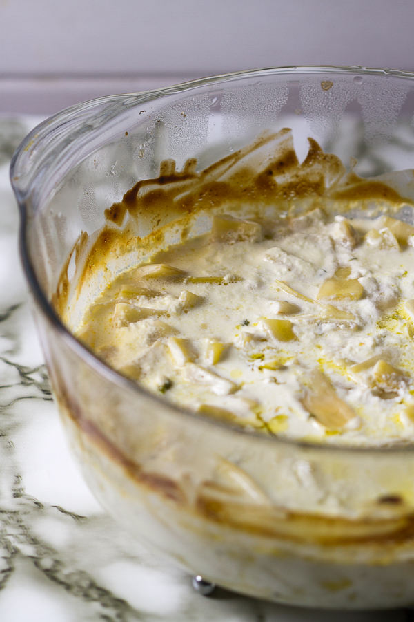 Let's venture to the side not prepared often enough - velvety, baked Romano beans. Lush, wide and flat beans quartered and softened, then baked with heavy cream-plus-garlic topping.  Striking. 