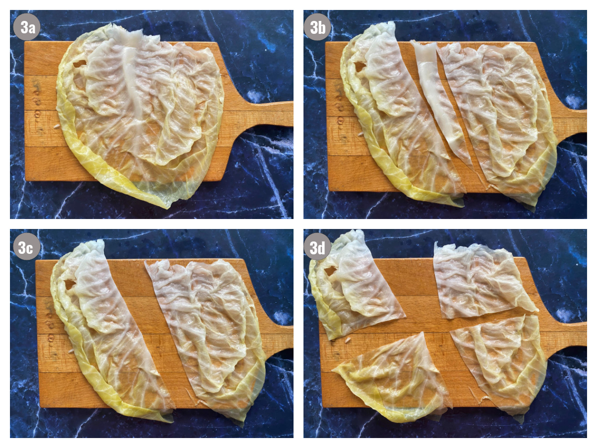 Four photographs of cabbage on a cutting board on dark blue background. 