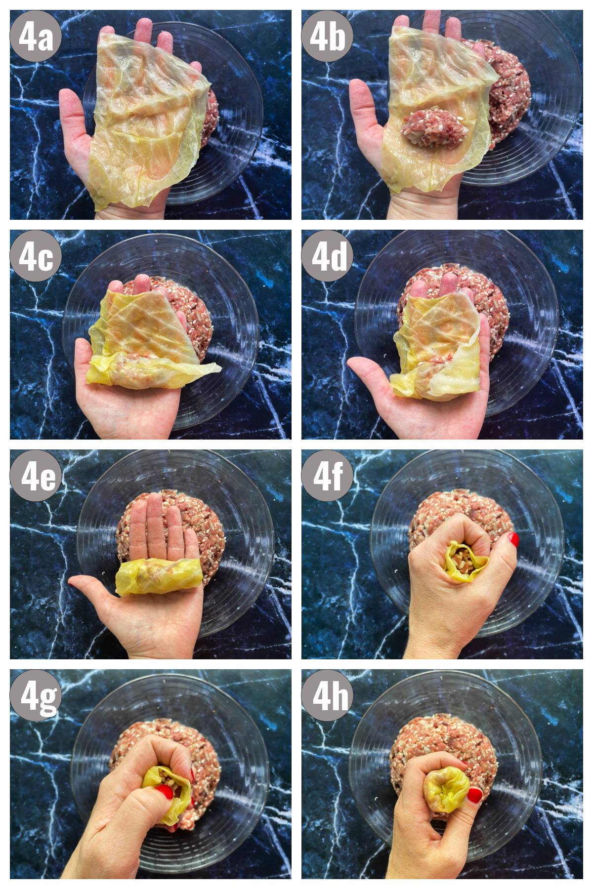 Eight photographs of a hand with a cabbage leaf and stuffing (instructions how to stuffed cabbage).