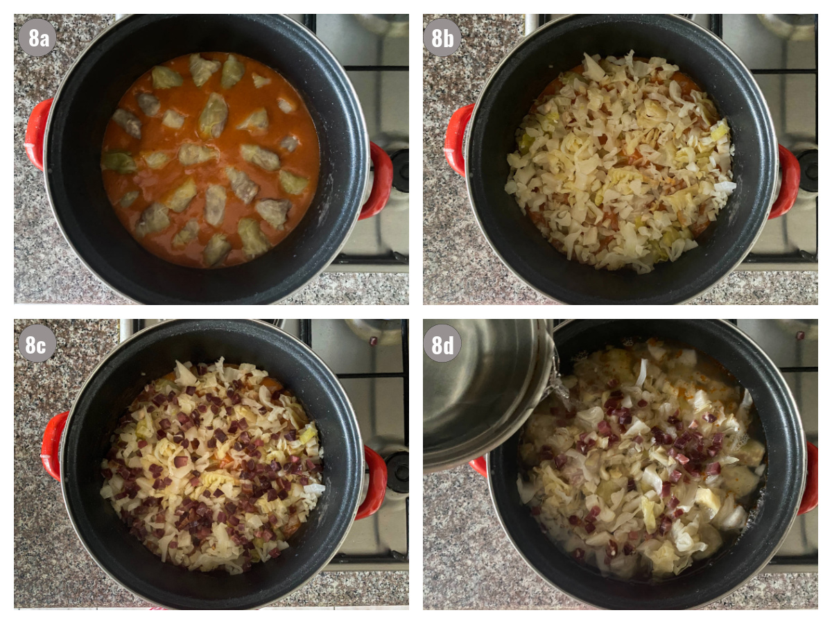 Four photographs of a pot filled with stuffed cabbage. 