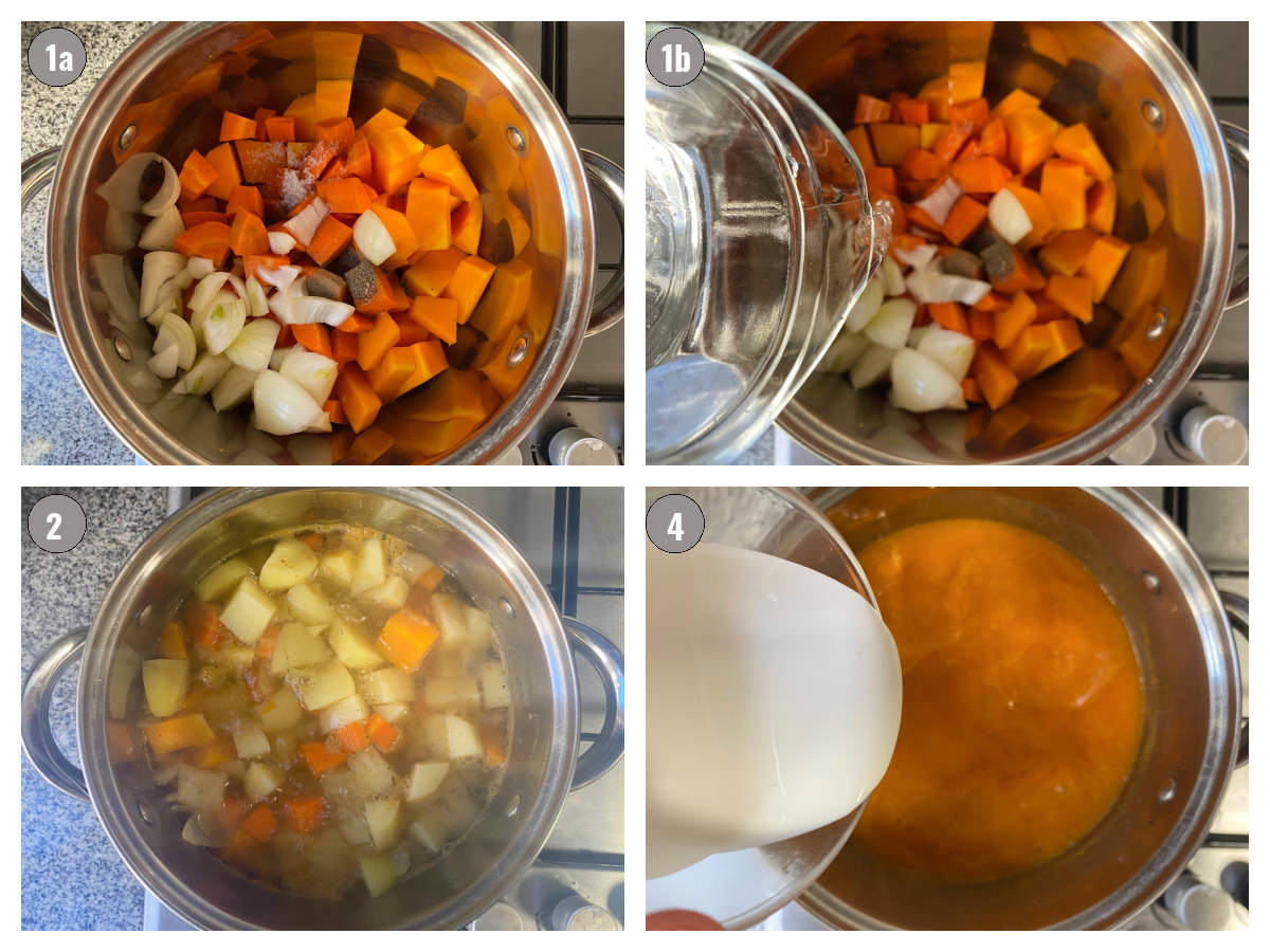 Four photographs, two by two, of ingredients in a pot being cooked. 