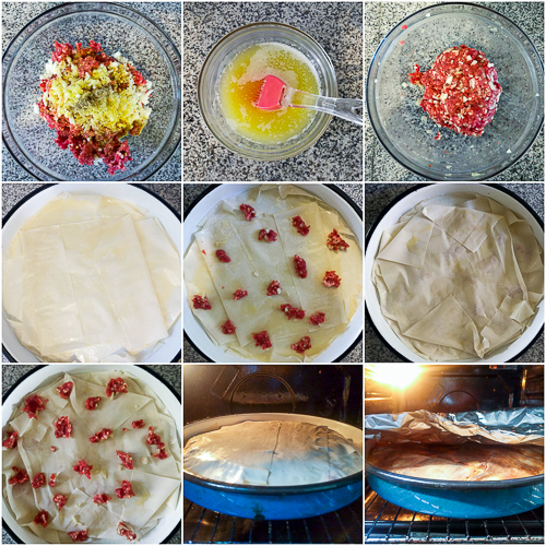 Ground beef phyllo pie. Ground beef (or veal) layered in phyllo sheets softened with butter, then baked until golden. Much pie. Not much fuss. 