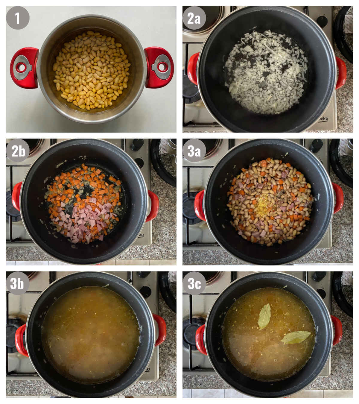 Ham soup preparation in six photos, ingredients in pot.
