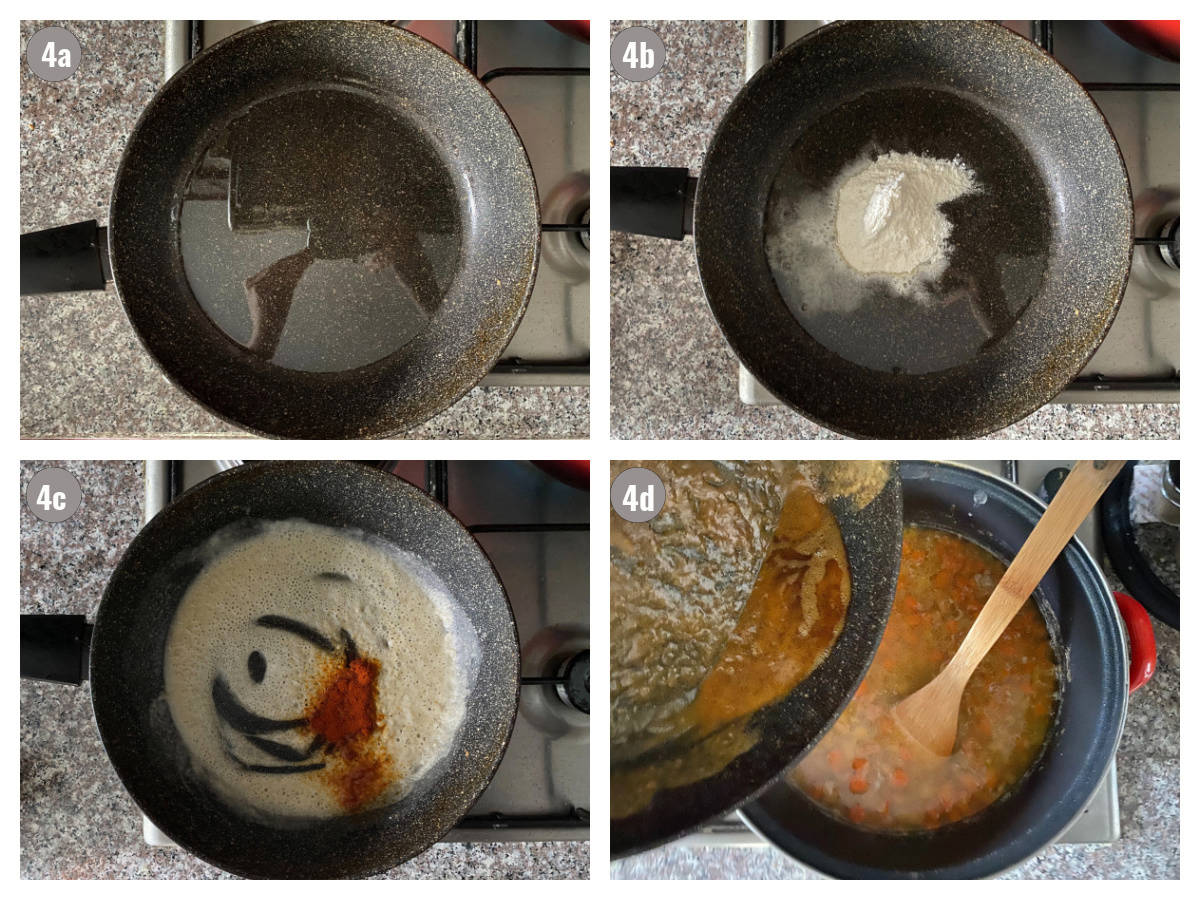 Oil, flour and paprika in a pan, roux preparation in four pictures.