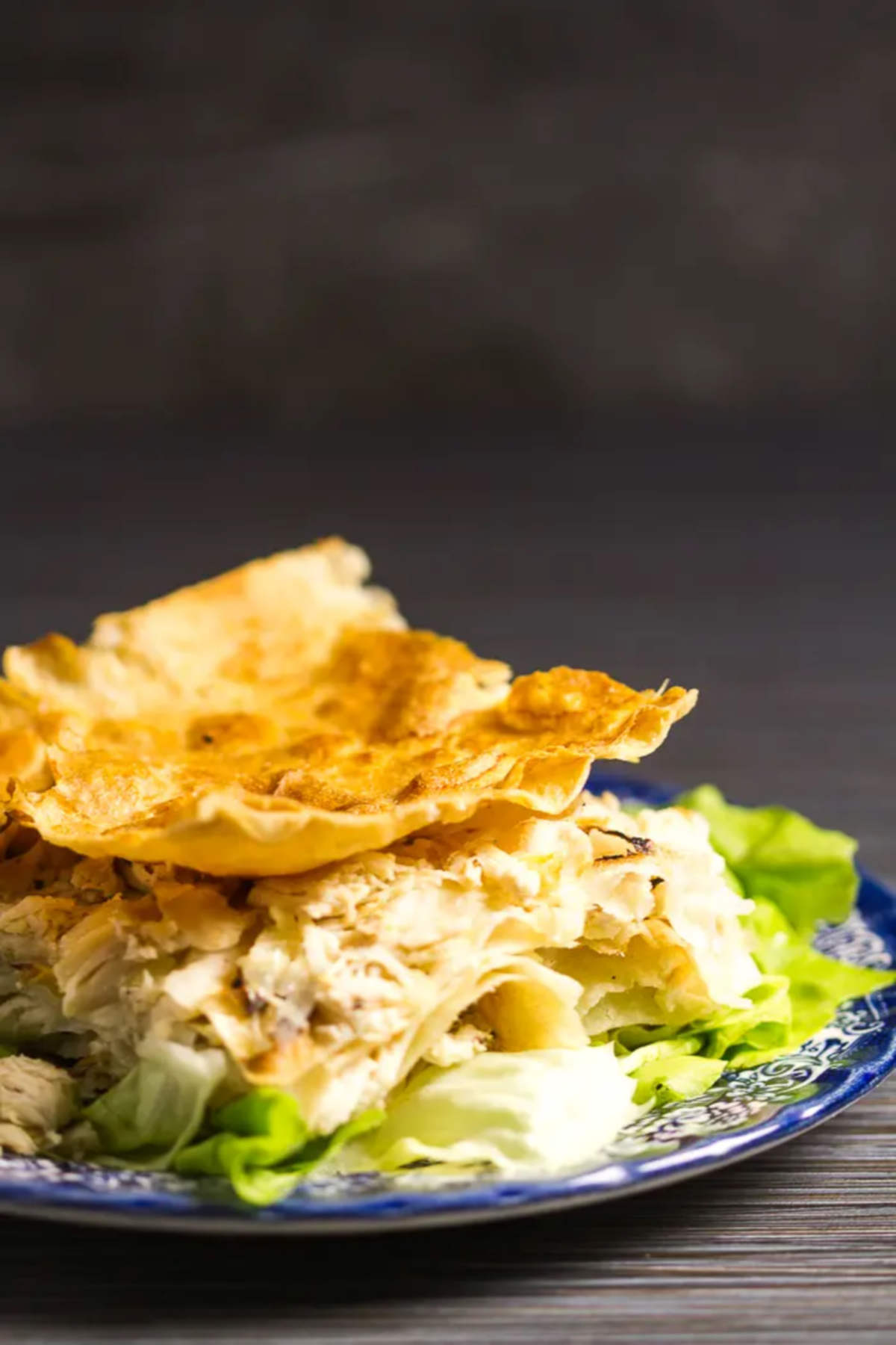 Chicken pie on a plate on a dark background.