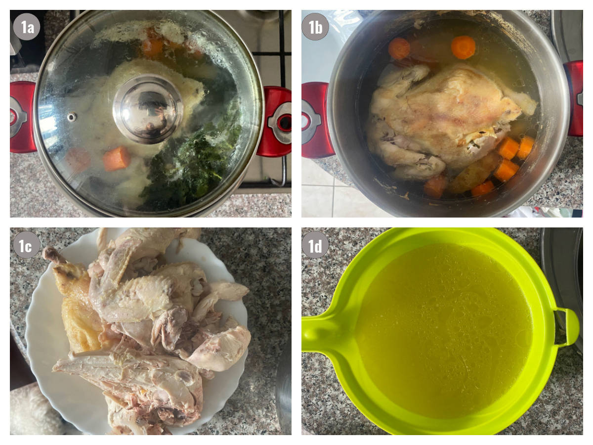 Four photographs of the chicken broth being prepared.