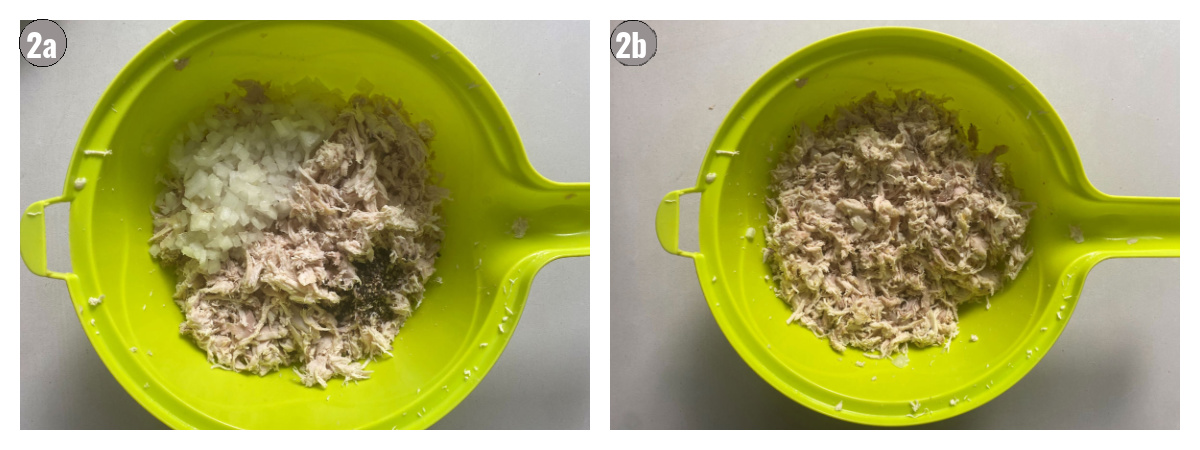 Two photographs side by side of filling with onion and chicken being prepared. 