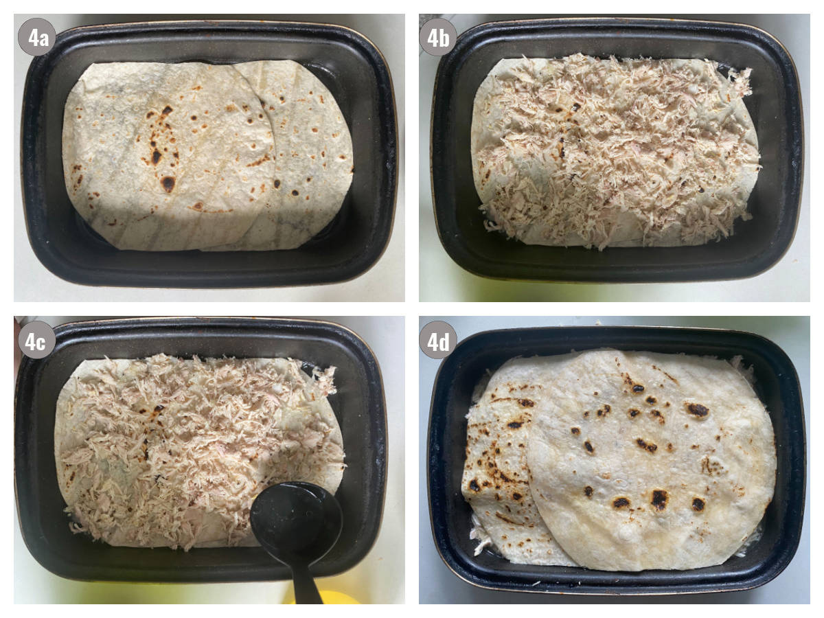 Four photographs, two by two, of the pie being layered into a casserole dish.