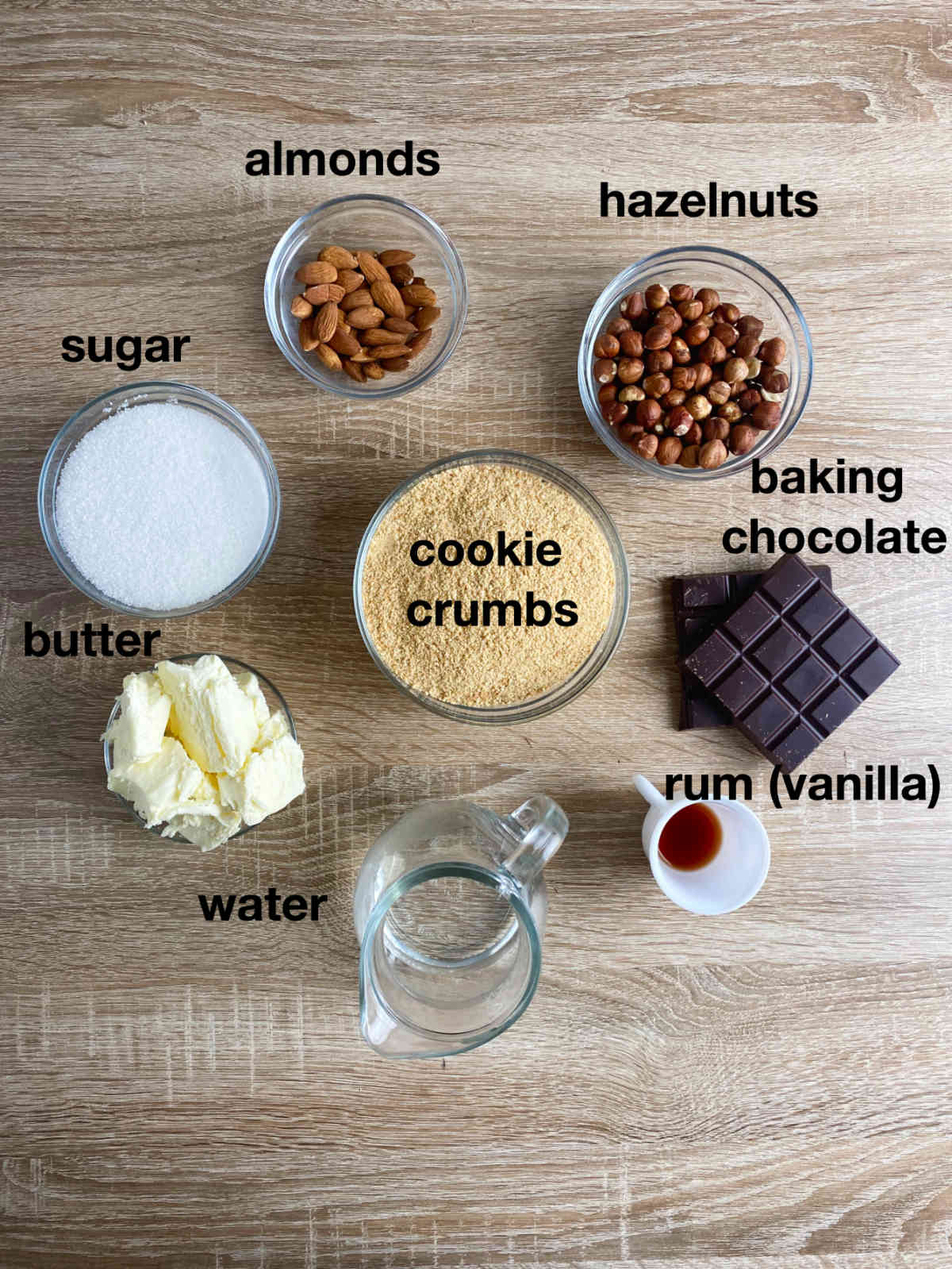 Overhead photograph of ingredients on a table: sugar, almonds, hazelnuts, baking chocolate, cookie crumbs, butter, water, rum. 