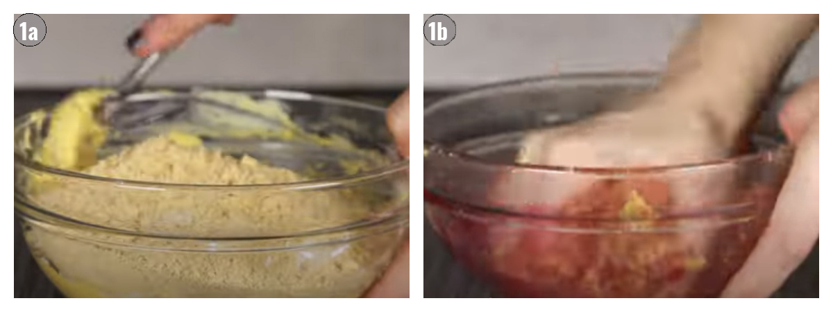 Two photographs, side by side of a bowl with ingredients being prepped.